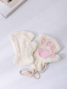 1双装-可爱卡通猫爪漏指手套-秋冬保暖防寒毛绒半指手套-加厚加绒-学生写字漏指 - 彩色 - 查看 2