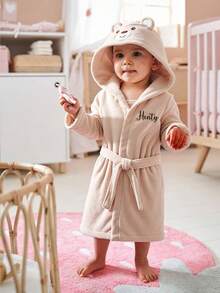 Personalized Embroidered Baby Animal Hooded Towel | Soft Plush Toddler Bathrobe Suitable For 12-24 Months, Newborn Photography Prop, Absorbent After Bath, Birthday Gift - Khaki Bear - View 4