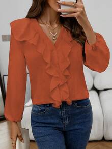 Women's Fashionable Elegant Casual Ruffle Trim V-Neck Long Sleeve Blouse, Spring/Autumn - Orange - View 6