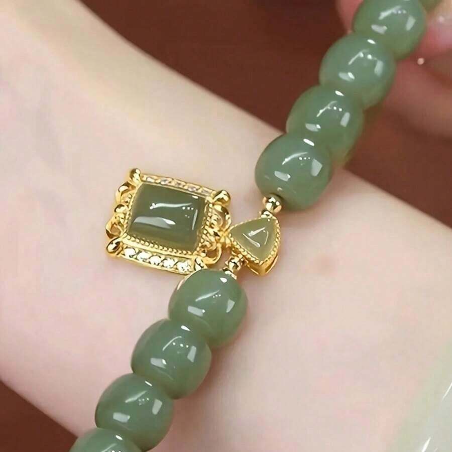 2-Piece Women's Vintage Green Jade Imitation Pearl Bracelet - Elegant Square Pendant Beaded Jewelry, Suitable For Daily And Formal Occasions, Durable Wedding, Anniversary, Birthday Gift, Classic Design For Year-Round Wear, Essential For Fashion Enthusiasts