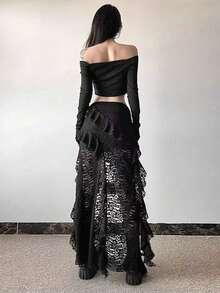 1 Peça Saia Assimétrica de Renda Retalhos com Babado Assimétrico na Barra, Roupas de Outono Preto e Branco para Mulheres - Multicolorido - Visão 8