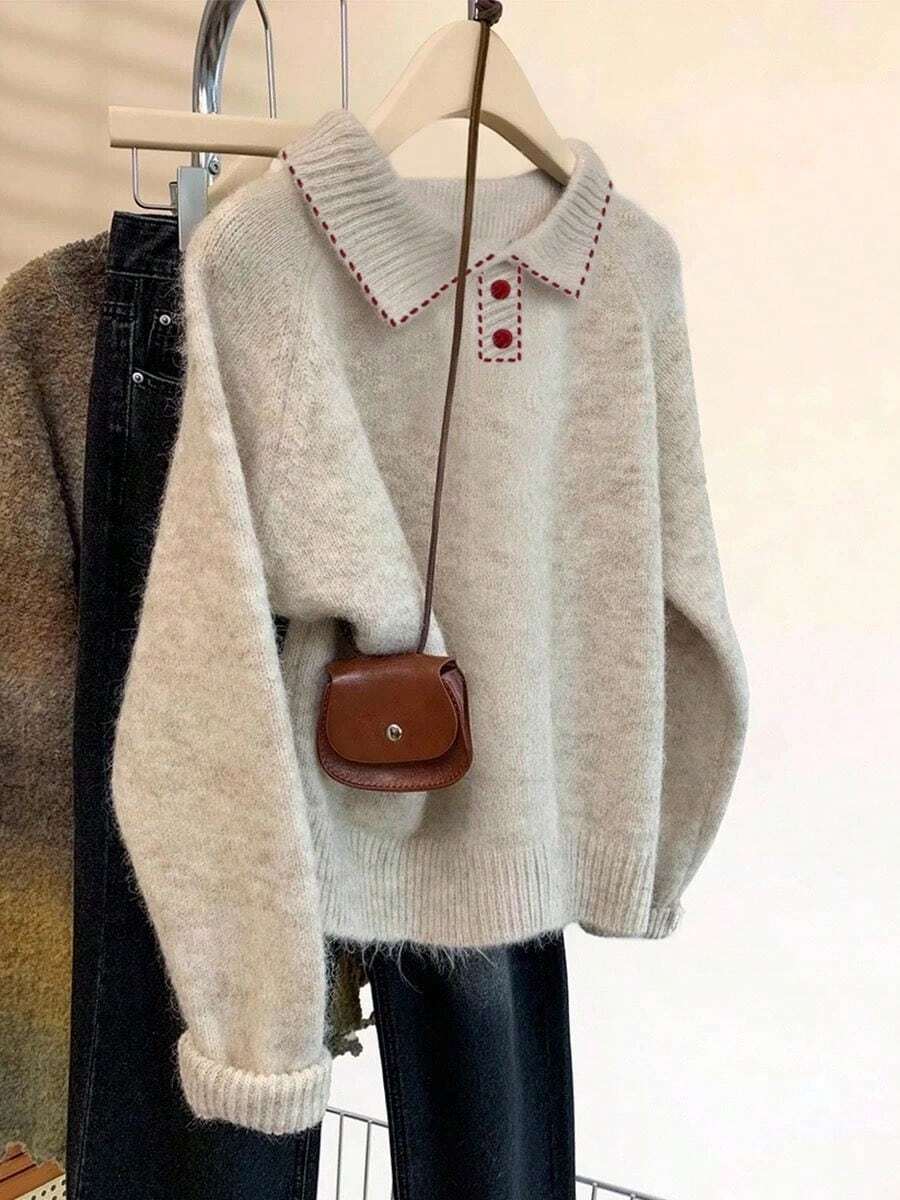 女式 Polo 领插肩袖休闲宽松针织毛衣，秋冬 - 黑色 - 查看 1