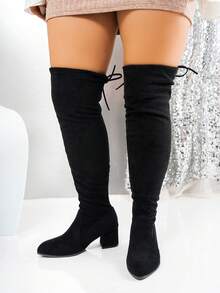 宽筒过膝女靴，弹力尖头粗跟黑色靴子，防滑黑色高跟宽楦靴 - 黑色 - 查看 7