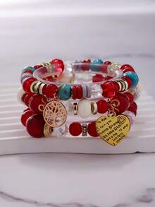 3 件优雅浪漫水晶心形设计复古手链，适合女性日常佩戴，情人节、约会、节日送给女友/妻子的礼物 - 粉色 - 查看 8