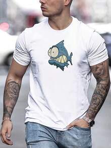 Men'S Summer Casual Short-Sleeve T-Shirt Featuring a Startled Fish Design - Blanco - Ver 2
