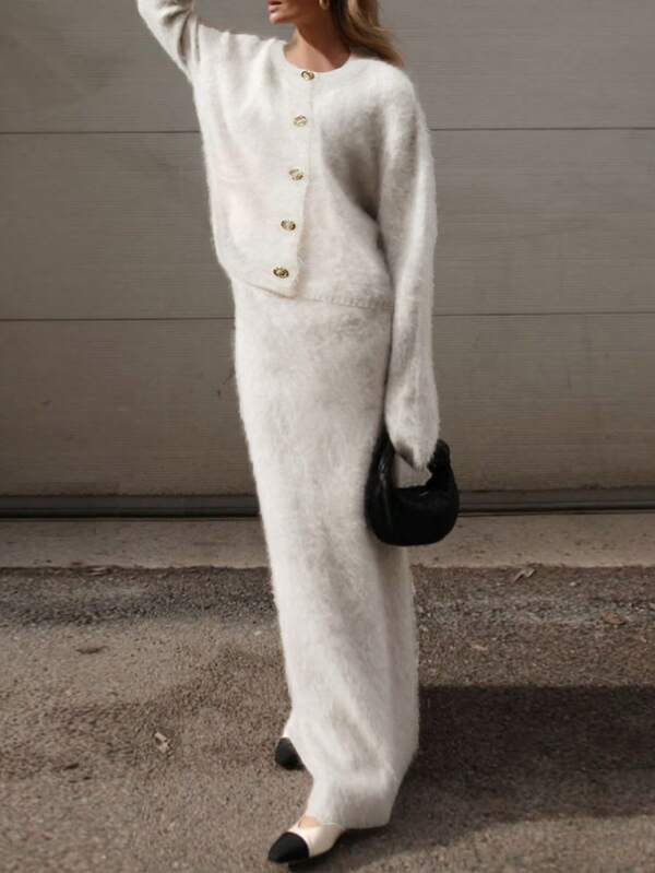 Elegant Casual Solid Color Two Pieces Set For Women, Fashion Streetwear Fluffy Long Sleeve Single-Breasted Cardigan And Skirt Knit Suit, Autumn/Winter