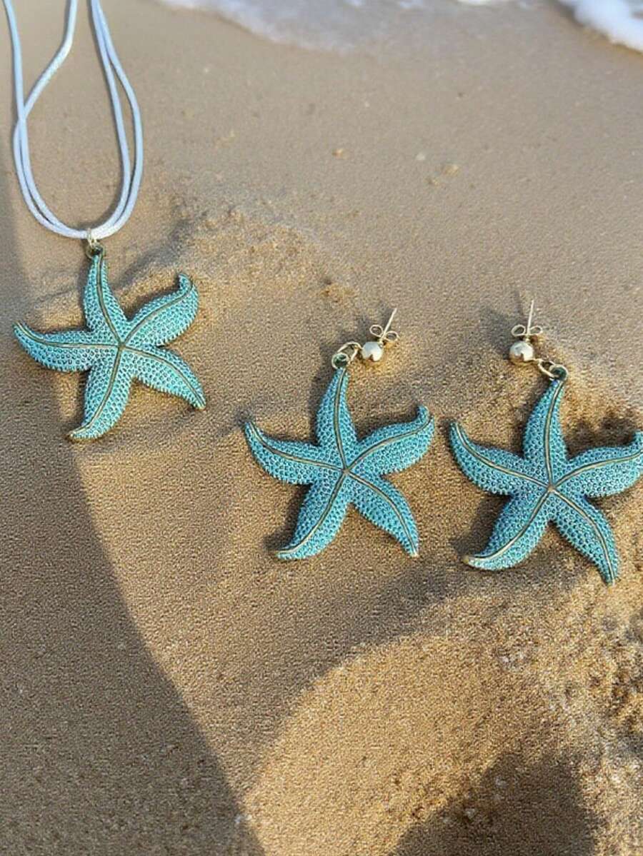 1 Conjunto de 3 peças Brincos e Colar da Série Oceânica Boêmia de Moda Versátil e Colorida com Estrela-do-mar, Conjunto de Colar Pendente e Brincos de Estrela-do-mar de Design Único em Turquesa, Adequado para Uso Diário e de Férias pelas Mulheres
