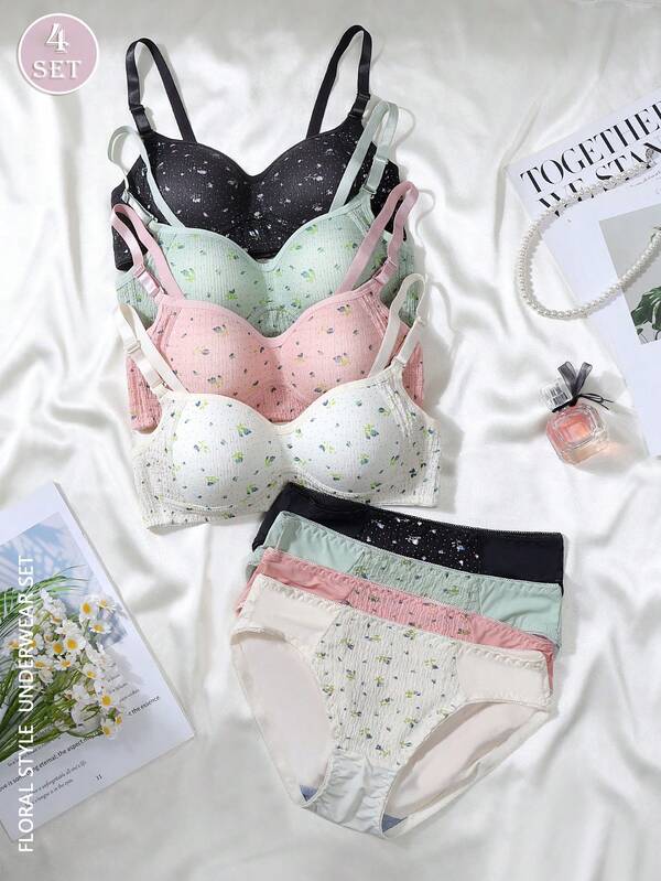 Conjunto de roupa íntima feminina estilo floral com 8 peças para 13 a 15 anos