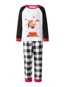 Family Matching Christmas Pajamas, Dog Clothes/Baby Romper/Elk Print Long Sleeve Tops + Plaid Print Pants Set - 黑與白 - 查看 4