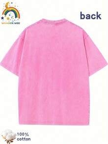 Star Pattern And "" Letter Print Men'S Summer Loose Fit Short Sleeved Washed Vintage 230g Pure Cotton Comfortable Breathable Casual Street Round Neck T-Shirt - 玫瑰紅 - 查看 2