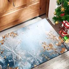 1 pieza Alfombra de gel de sílice con estampado de copos de nieve navideños, alfombra rectangular para sala de estar, dormitorio, pasillo, baño, lavandería - Poliéster, apta para decoración interior y exterior del hogar, se puede usar como regalo y decoración navideña
