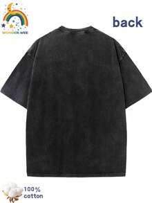 Printed Summer Youth Men'S Loose Short Sleeve Washed Vintage 230g Pure Cotton Comfortable Breathable Casual Street Round Neck T-Shirt - 黑色 - 查看 2
