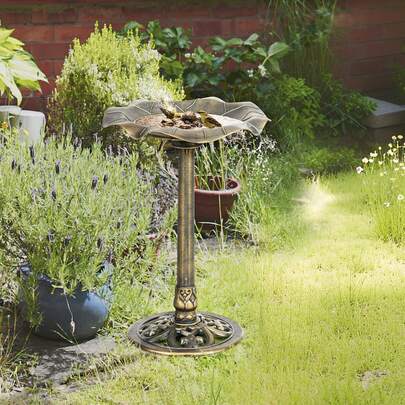  Outsunny 71cm Bird Bath For Garden, Standing Pedestal Birdbath With Lotus Leaf Basin, Vintage Decorative Bird Bath Bowl For Outdoor, Bronze Tone