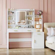 HaluPeit 39.3''  Vanity Desk With HD Mirror And Lights,  Makeup Vanity With Power Strip, 3 Drawers And 9 Storage Shelves, Storage Behind The Mirror, DressingTable With Bedside Table, White - View 2