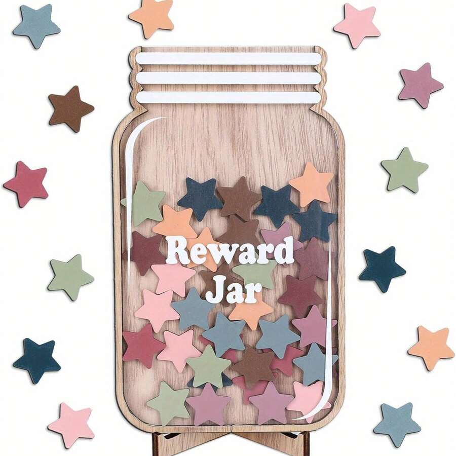 1 套 36 颗星的木制罐子星形奖励容器 - 适用于教室或家居装饰、星形奖励罐、家居装饰、桌面装饰、趣味星形礼物、分数奖励、自律奖励罐、木制装饰、木制星形奖励杯，旨在通过装饰性奖励制度鼓励积极行为，适用于教师和教室用品 - 彩色 - 查看 1