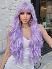 Long Purple Wig With Bangs Wave Curly Wigs For Women 26 Inch Heat Resistant Natural Synthetic Wig For Daily Party Use Holiday Party Everyday Wear,Gifts For Women - Màu tím - Xem 11