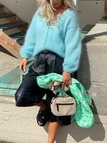 Plus Size Women's Solid Color Long Sleeve Single-Breasted Casual Knit Cardigan, Autumn/Winter - Mint Green - View 3