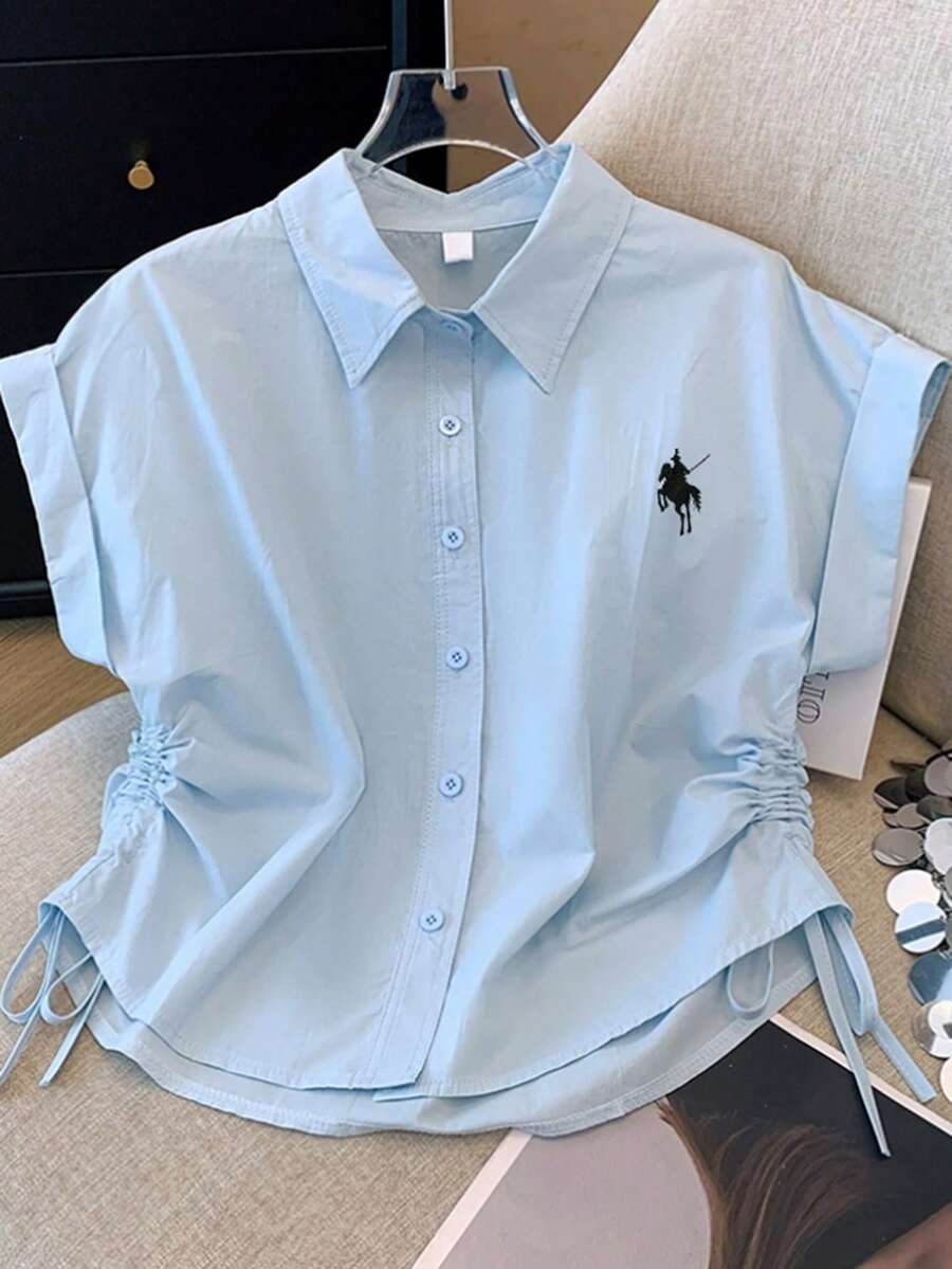 Vera Lane Women's Old Money College Style Fake Style Slimming Waist Drawstring Slimming Vest Casual Cute Halloween Christmas School Clothes Birthday Outfits For Women Boho Chic Techno Outfit Knight Embroidery Pattern Button Up Shirt Women