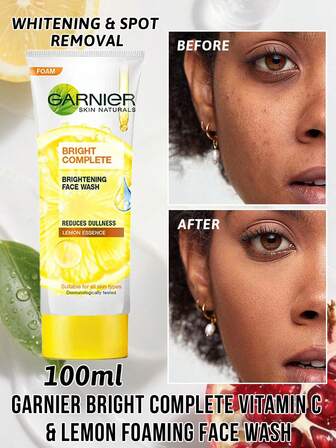 Garnier 卡尼尔亮白全效维生素 C 和柠檬泡沫洗面奶，深层清洁，维生素 C 和柠檬，减少暗沉，亮白，清洁毛孔，柠檬精华，修复，抗氧化，保湿，均匀肤色，增强弹性，澄清，适合所有皮肤类型的洗面奶，适合日常使用。
