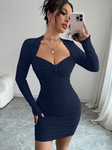 Red Elegant Sexy Sweetheart Neck Long Sleeve Ruffle Fitted Mini Party Dress, Suitable For Dates, Romantic, Fashion, Valentine's Day, Hottie, Spring New Women's Clothing - Royal Blue - View 4