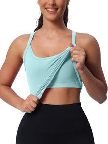 Camisetas sin mangas para entrenamiento MathCat para mujer con sujetador incorporado, camisetas sin mangas para gimnasio, camisetas deportivas para yoga con espalda cruzada sin costuras - Azul cian - Ver 4