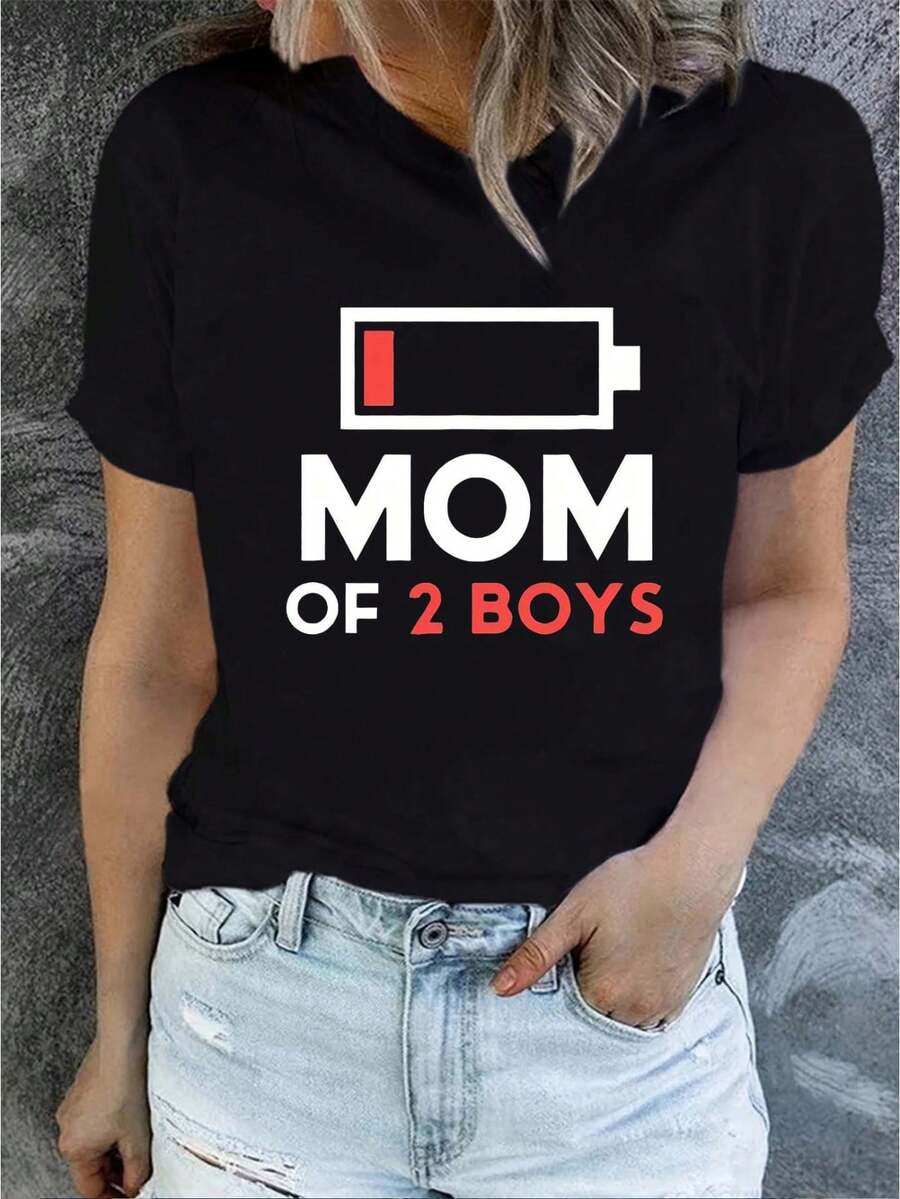 Mom of 2 Boys&quot; Graphic Tee - Casual Crew Neck Short Sleeve T-Shirt for Women, Stretchy Polyester Blend, Machine Washable, Non-See-Through, Perfect for Summer &amp; Spring