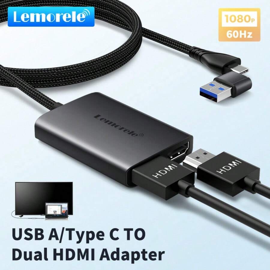 Lemorele HD10 Type C/USB 3.0 To Dual HDTV Adapter 1080P 60Hz Extend 2 Different Screen Compatible With Apple M1 M2 Windows Type C/USB 3.0 Hub - Black - View 1