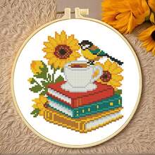 11CT Cross Stitch Kit - Sunflower Bird & Books, Beginner DIY Embroidery Set With Printed Patterns (Autumn House, Cycling Cat), Includes Embroidery Frame, Threads, Instructions, Home Decor, Therapeutic Gift