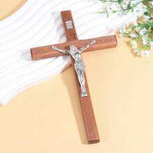 1pc Wooden Large Cross Wall Hanging Decor, Vintage Home Accessory - Brown - View 4