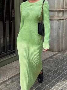 Vestido longo de malha feminino para outono e inverno, lã lisa confortável e macia, roupa elegante e casual para encontros, roupa política para encontros com mangas compridas e gola redonda, roupa para o Dia dos Namorados, roupa para a volta às aulas, roupa para cartões perfurados, vestido pulôver de lã