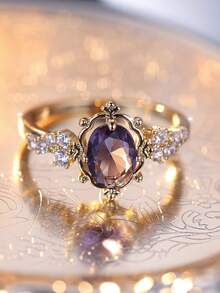 1 件优雅海军蓝方晶锆石马眼形戒指，奢华女士礼物，适合订婚、婚礼、派对珠宝