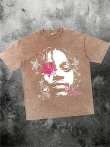 Character Monogram Print T-Shirt, Boutique 230g Washed Old Batik Thickened Cotton T-Shirt, Men's Fashion Casual Fine Cotton T-Shirt, Short-Sleeved Round Neck T-Shirt