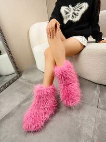 1 Pair Plus Size 36-43 Tie-Dye Christmas Solid Color Y2K Party Punk Fashion Cute Faux Fur Patchwork Faux Fur Lined Thigh High Boots, Warm For Home, Holiday, Party In Winter