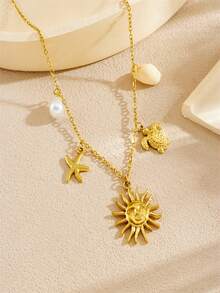 1 Gold-Plated Face Sun Starfish Turtle Pendant, Thin Chain, Stainless Steel Simple Heavy Industry Jewelry Necklace