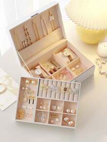 Double Layer Large Capacity Jewelry Box, PU Leather Jewelry Storage Box, Home Jewelry Storage Box, Jewelry Display Box, Solid Color Rectangular Jewelry Storage Box, Dressing Table Jewelry Storage Box, Stackable Storage Box, Keychain Jewelry Box With Removable Tray, Multifunctional Storage For Earrings, Bracelets, Rings, Necklaces, Bedroom Storage Essentials, Back To School Season Essentials, Mom Gifts, Birthday Gifts, Holiday Gifts