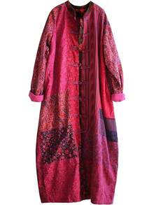 LUZU JUNU Women's Trench Coat Floral Print Long Cotton Linen Jacke Cottagecore Clothing Patchwork Outwear Bohemian Unique - Rose - 查看 1