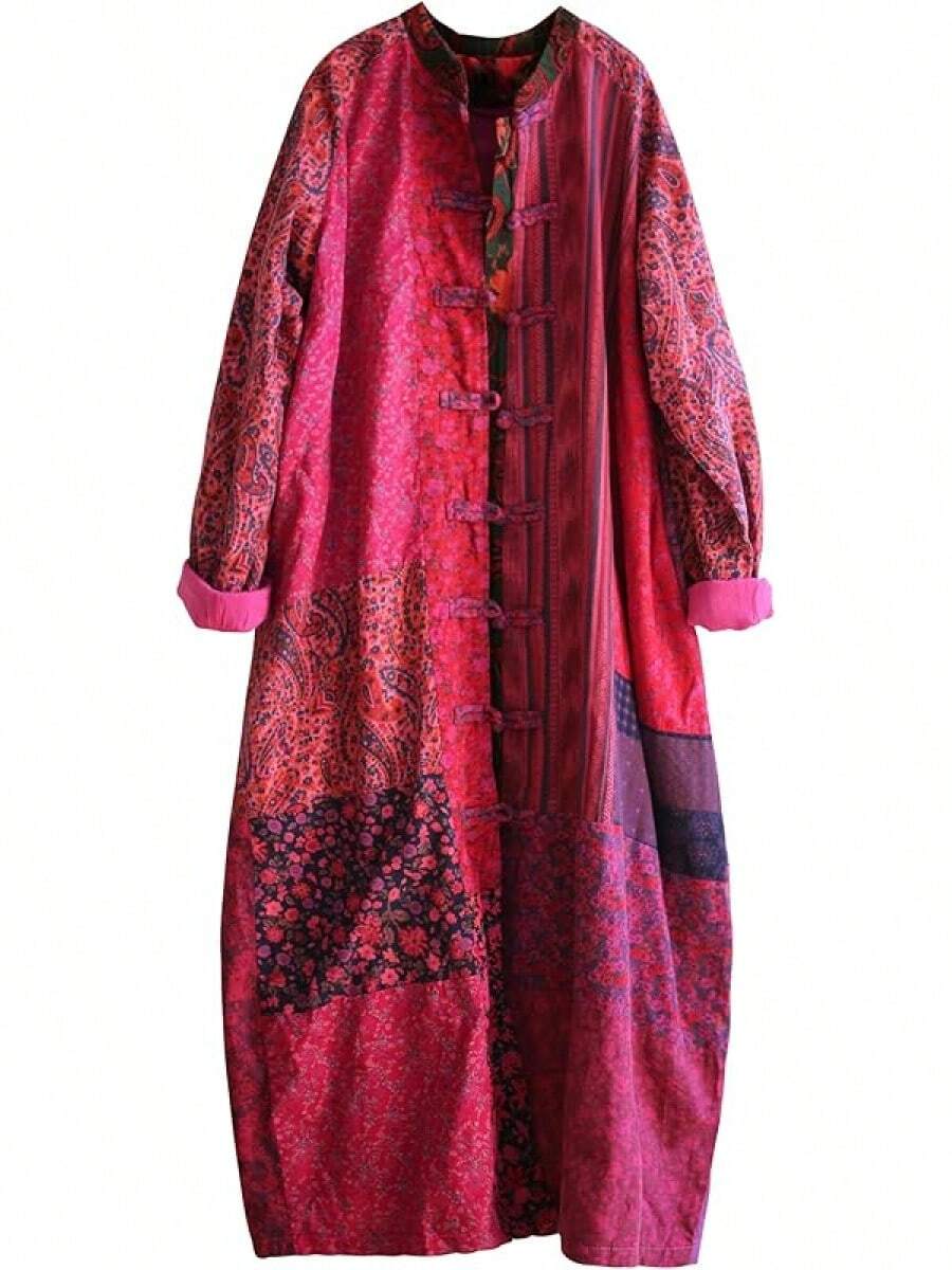 LUZU JUNU Women's Trench Coat Floral Print Long Cotton Linen Jacke Cottagecore Clothing Patchwork Outwear Bohemian Unique - Rose - 查看 1