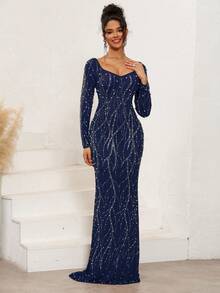 藏蓝色水晶装饰长裙 - 长袖，深V领，全身水晶装饰，修身鱼尾廓形 | 优雅正式礼服，适合晚宴、舞会和特殊场合 - 藏蓝色 - 查看 6