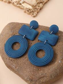 Natural Geometric Wooden Patchwork Long Earrings, Suitable For Beach, Party, Travel, Holiday, Daily Wear And Gift - Navy Blue - View 3