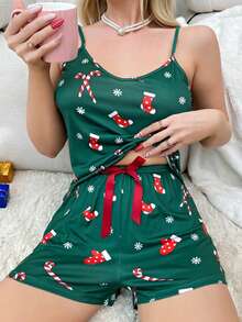 Womens Pajama Sets Christmas Pattern Soft Lingerie Sleepwear 2 Piece Cami Shorts Set Pj Nightwear - 綠色 - 查看 5