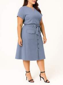 Women's Plus Size Linen Set, Basic Blouse And Midi Skirt, Social Evangelical Fashion, Cargo Pocket With Buttons And Bow - 淺藍色 - 查看 3