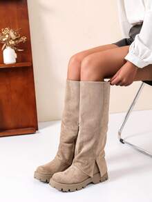 Fancy High Boots With Notched Sole And Pleated Upper - Khaki - View 4