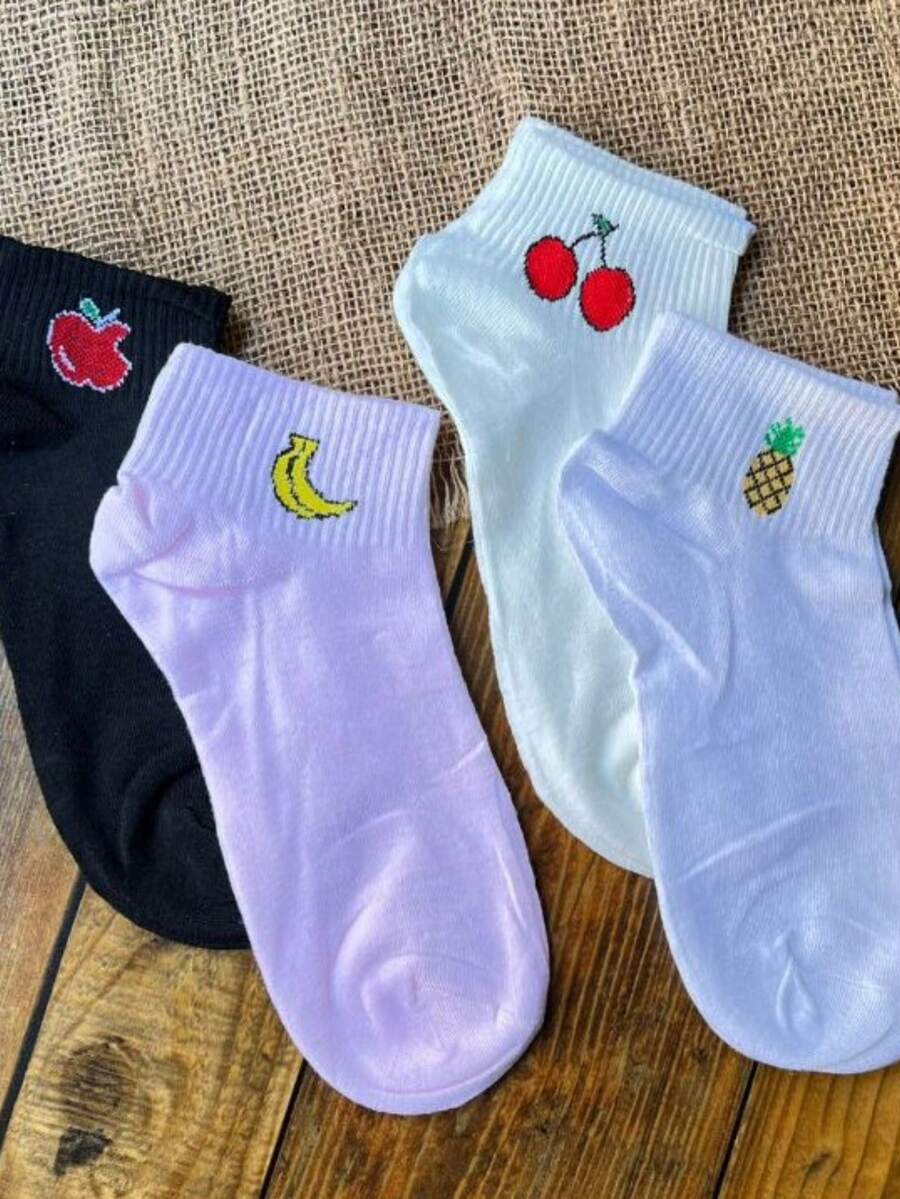 Kit 12 Pares Meia De Fruta Estampadas Cano Curto Soquete Algodão Moda Feminina - Multicolorido - Visão 1