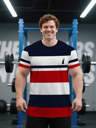 Summer Casual Business Men Plus Size T-Shirt, Red & White Striped Print Round Neck Short Sleeve Top, Suitable For Streetwear