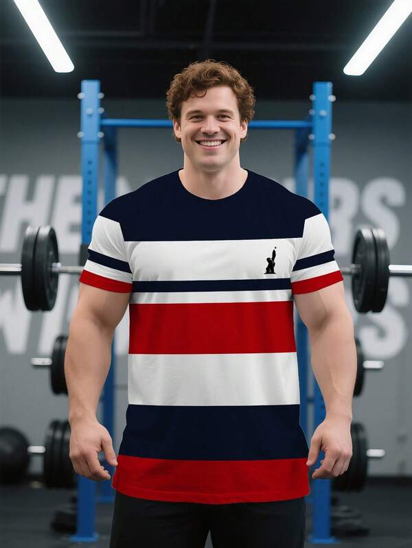 Camiseta casual de verano para hombres de talla grande, de cuello redondo y manga corta, con estampado de rayas rojas y blancas, adecuada para uso urbano