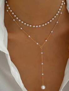 1 chiếc vòng cổ mạ vàng 18K phong cách cổ điển thanh lịch với trang trí ngọc trai giả và mặt dây chuyền tua rua - Thích hợp để đeo hàng ngày và những dịp đặc biệt - Vàng - Xem 2