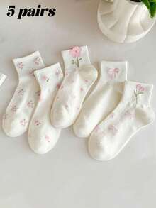 1/5双装女士纯色蝴蝶结郁金香花图案短袜，时尚简约休闲舒适，适合日常穿着、旅行、派对搭配，四季皆宜，圣诞礼物佳选。