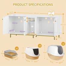 HaluPeit Cat Cabinet For 2 Cats, Litter Box Cabinet, Hidden Cat House With Double Rooms, With Storage Space, Plush Balls, Can Be Used As A TV Cabinet, 140 X 48 X 62 Cm, White And Gold - 白色 - 查看 11