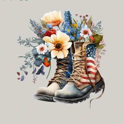 1pc/2pcs/3pcs Military Boots & Floral Bouquet Iron-On Heat Transfer Decals - American Flag Motif With Vibrant Multicolor Flowers, Durable Plastic DIY Patches For Jeans, T-Shirts, Hoodies, Backpacks, Canvas Bags, Throw Pillows & Apparel Customization (DTF Fabric-), Fabric Embellishment, Longlasting Transfers, Craft Enthusiasts, Home Decorators