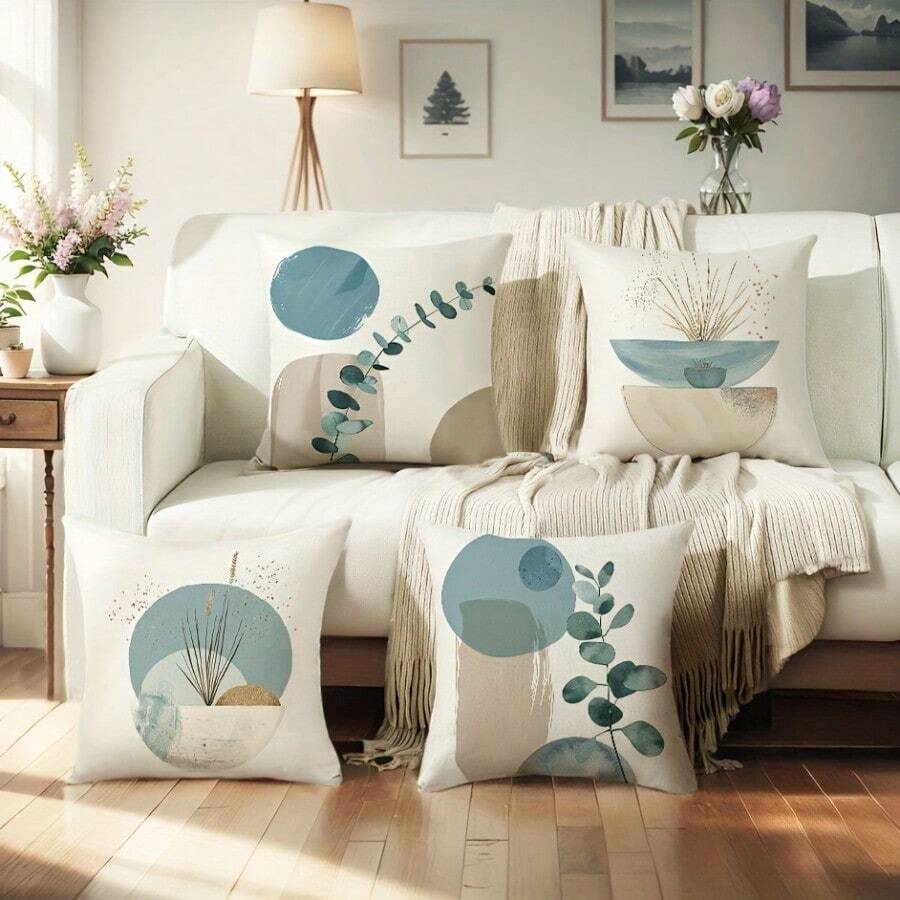 Pacote com 4 capas de almofadas decorativas com plantas abstratas e geométricas Boho - 45 x 45 cm, estampa de um lado, 100% poliéster com fecho de zíper e design moderno para sofá, sala de estar e quarto, sem enchimentos incluídos